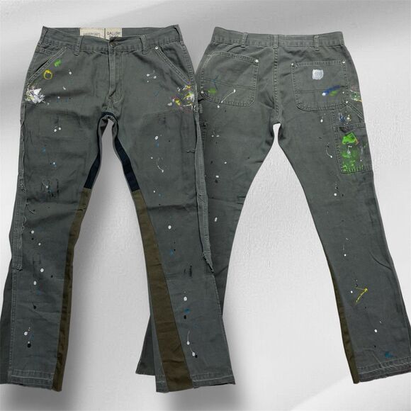 Gallery Dept. Men's W34 L31 Flared Leg Green Carpenter Paint Splatter Pants - Picture 1 of 13